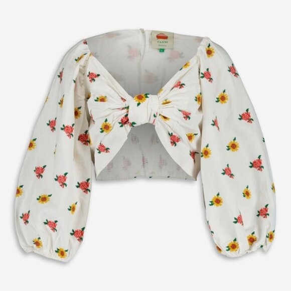 FARM RIO Mixed Cross Stitch Embroidered Flowers Puff Sleeve White Crop Top Sz M - Picture 7 of 11